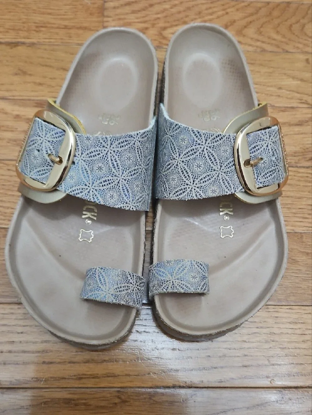 Birkenstock Women's Light Blue Patterned Two-Strap Sandal with Gold Buckles